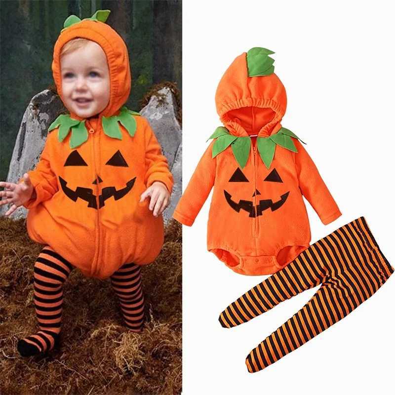 Infant Pumpkin Costume for Baby Boy and Girls Pumpkin Hooded Jumpsuits Stripe Leggings Halloween Cosplay Costume L250918