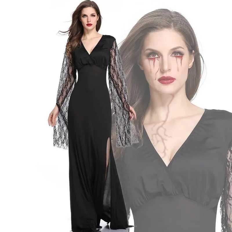 Women Sexy Slim Lace Sleeve Medieval Black Long Dress Adult Vampire Evil Cosplay Outfit Halloween Fantasia Party Fancy Dress L250918