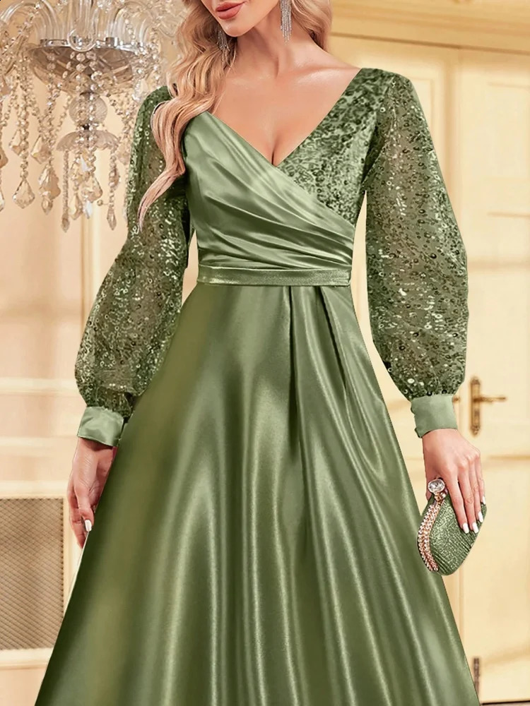 Blue VNeck Sequin Evening Dress Elegant Women Party Maxi Dress Long Sleeve Cocktail Dress Prom Gown 250919BJ - view 7