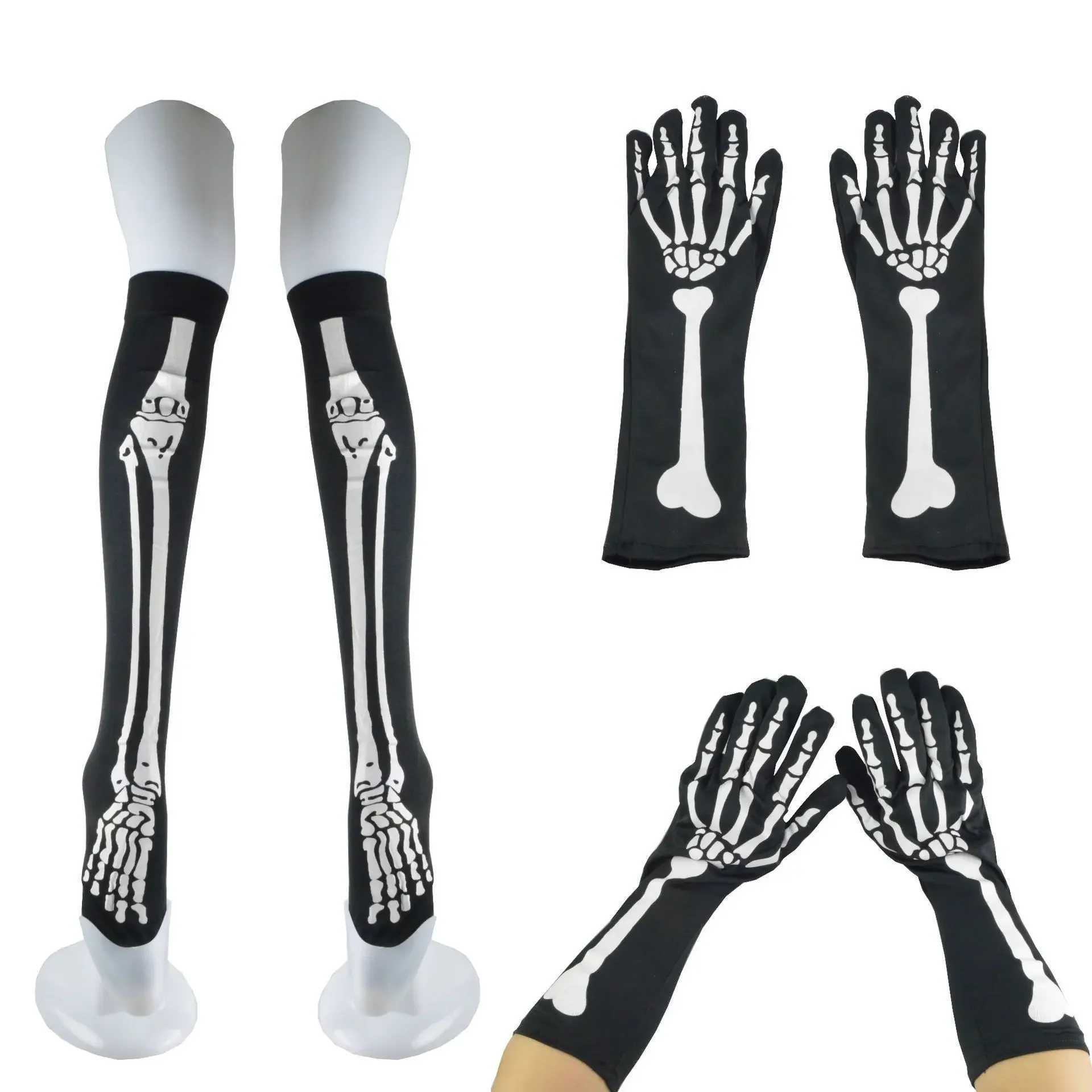 Kids Adults Full Finger Skeleton Gloves Long Arm Ghost Leg Sock Costume Accessories 1pair Socks Cosplay Birthday L250918