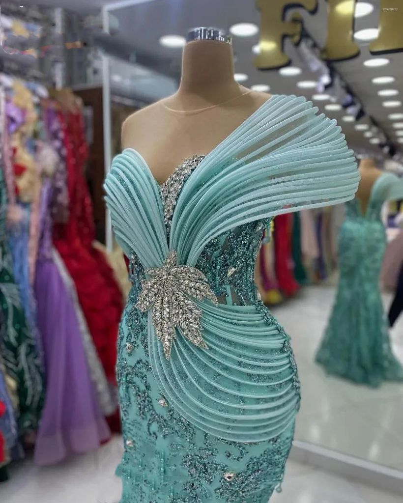Aso Ebi Mint Mermaid Prom Dresses Stylish Rhies Sheer Neck Sequined Evening Formal Party Second Reception Birthday Gowns Dress For Special Ocns 1210