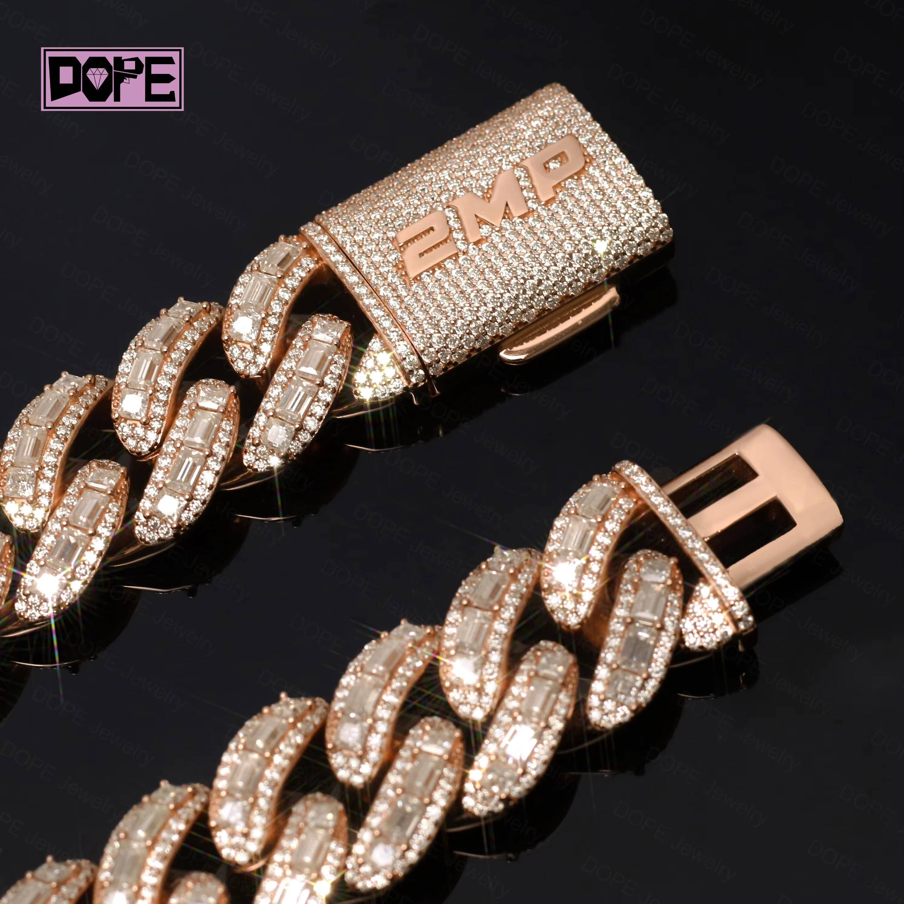 20mm Moissanite Chain 925 Silver Inner Baguette Rose Gold Plated Hiphop VVS Miami Moissanite Cuban Chain