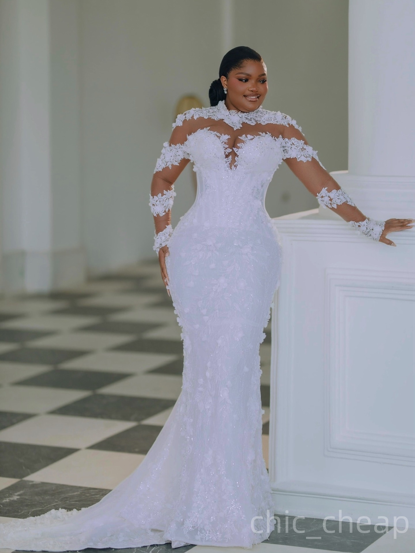 2025 Aso Ebi Plus Size Ivory Mermaid Wedding Dress Floral Lace Sheer Neck Long Sleeves Vintage Bridal Gowns Dresses ZJ0467