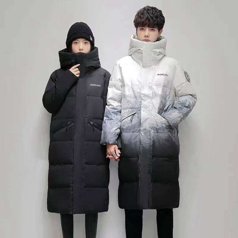 Fashionable Gradient Jacket Man and Woman Thickened Hooded White Duck Down Coat for Couples Winter Knee Length JK-969