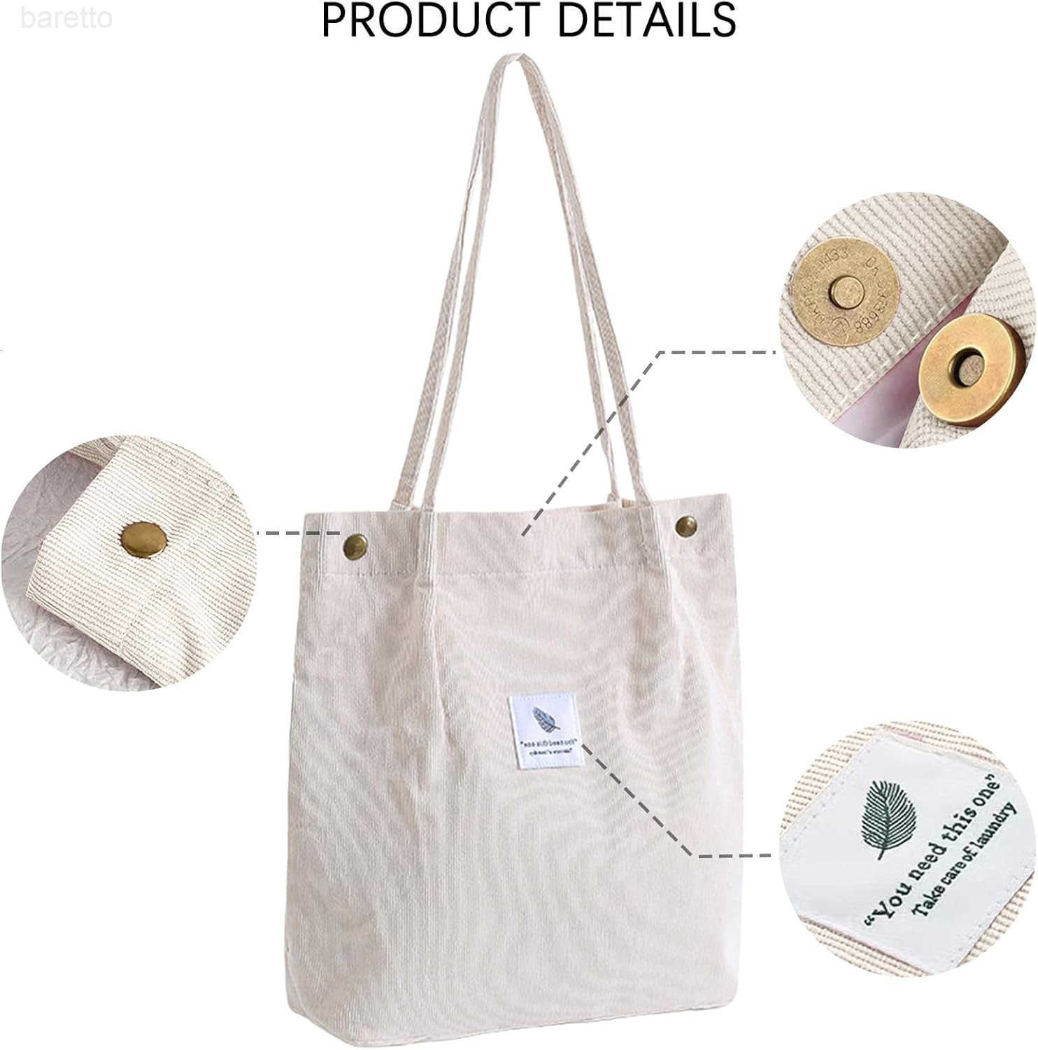 Corduroy Tote Bags for Women Sturdy Shoulder Reusable Grocery Bag with Inner Pockets and Magnetic Button Z2509019