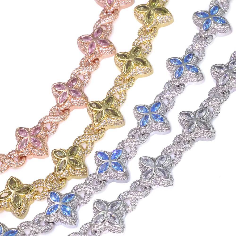 NUOYA Miami Cuban Bracelet Flower Cross Design Four Leaf Clover Infinity Chain Iced Out Colorful Moissanite Hip Hop Jewelry