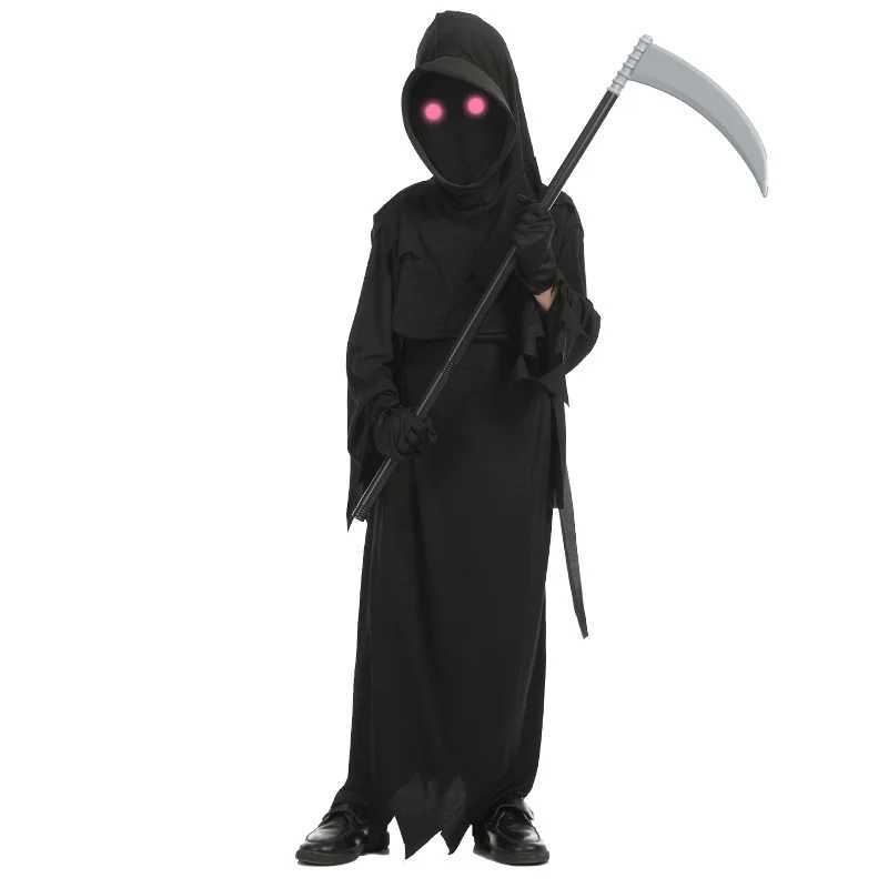 Halloween Cosplay Costume Grim Reaper Scary Skeleton Costume Children Glowing Red Eyes Grim Reaper Ghost Robe Send Scythe Props L250918
