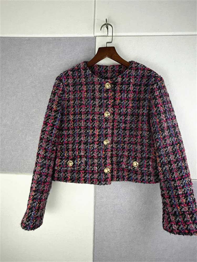 Women Retro Plaid Tweed Short Coat or ALine Mini Skirt Slim Fit Round Neck Jacket Top for Female Z250918