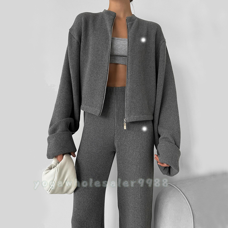 Yoga Set Workout Clothes Women Sweater Outfit Suits Two Piece Autumn Winter Zipper Jacket Trousers Casual Suit Knitted Pullover Wide Leg Pants Gym Tracksuit