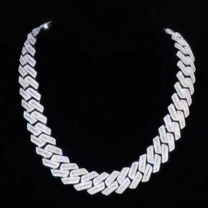 Hiphop 18mm Mossanite Chain 925 Silver Iced Out Rhodium Plated Baguette VVS Moissanite Cuban Link Chain