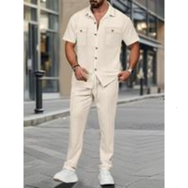Men's New Solid Color Button Pocket Shirt Long Pants Set, Casual Knit Two-Piece for European and American Style