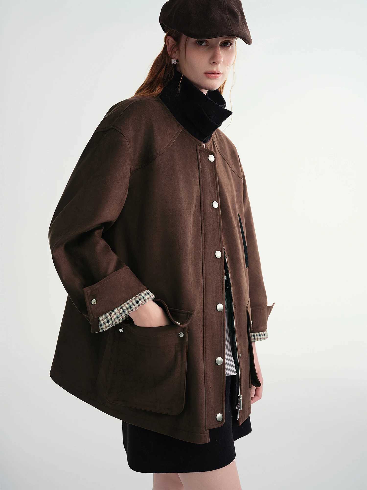DUSHU Contrast Color Cropped Jacket Turn Down Collar Loose Autumn and Winter Jacket British Style Retro Coffee Chic Z250918