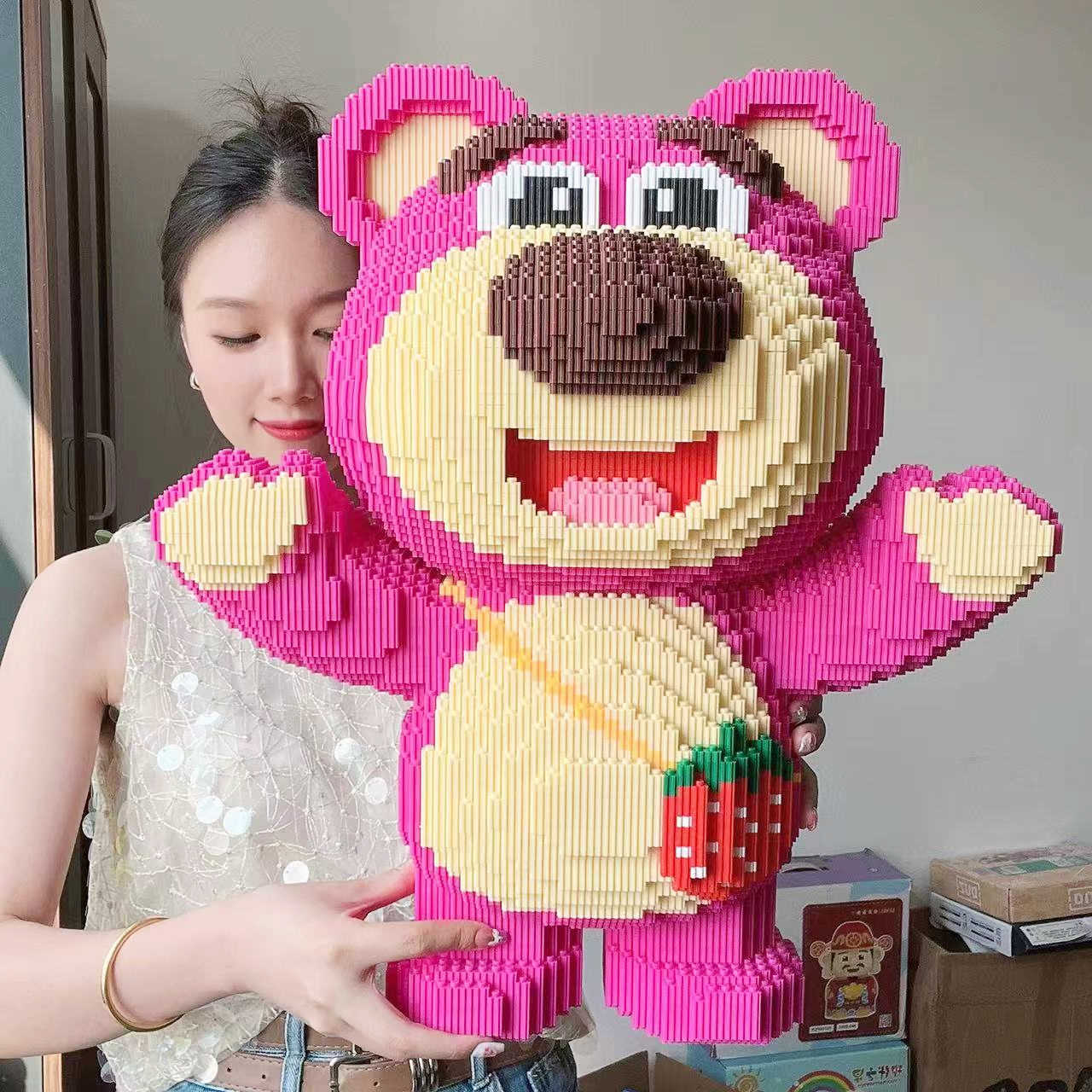 Disney-Extra Large Lotso Block Toy for Adults and Children, Cute Pet Bear, Love, Strawberry, DIY Gift