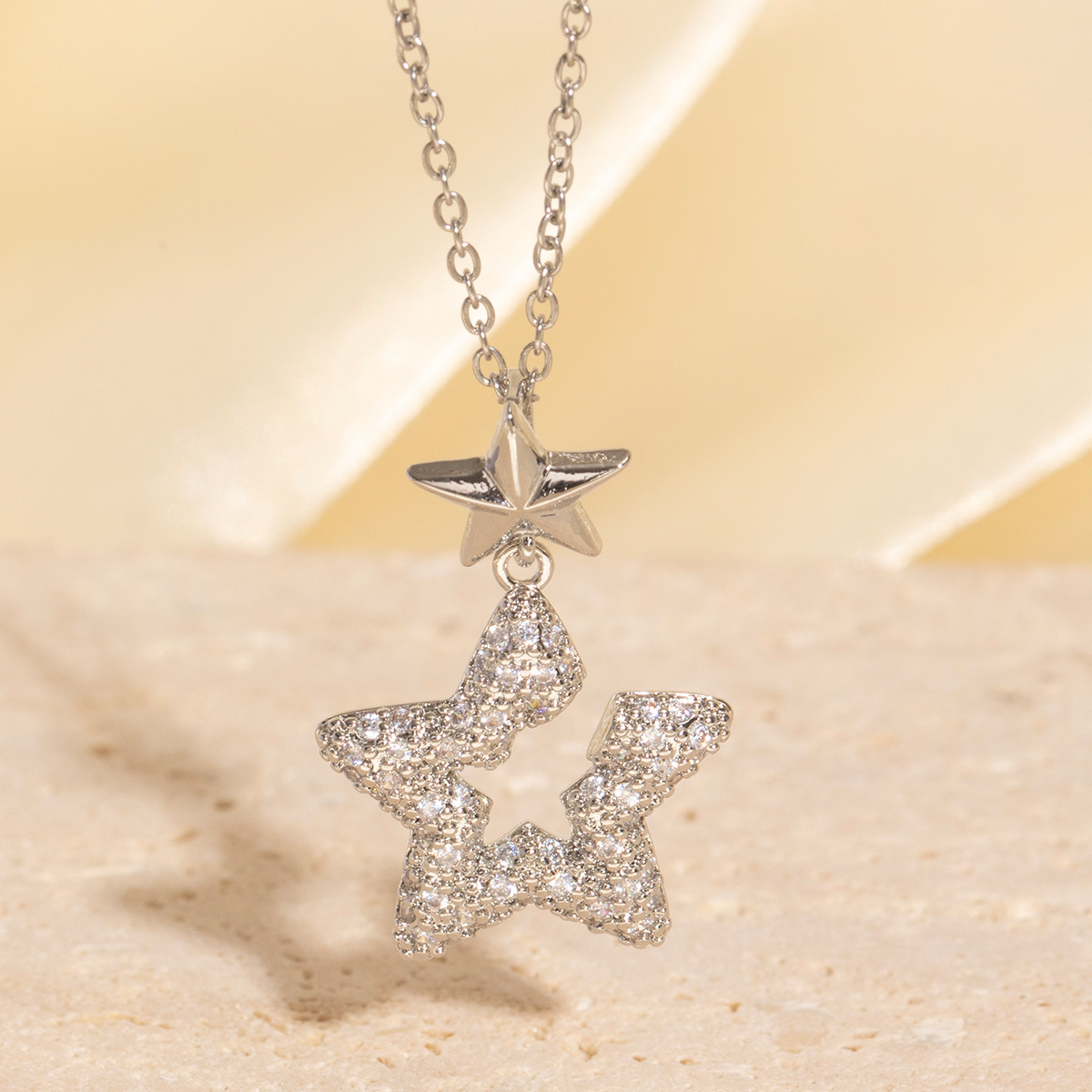 Gold - Toned Double Star Pendant Necklace With Crystal - Embellished Open Star Delicate Daily & Sparkling Jewelry Gift For Her High - Quality And Styl