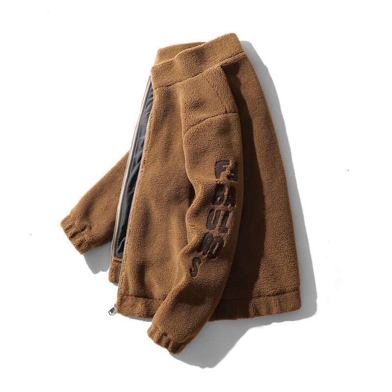 Stand Collar Large Letter Embroidery Lamb Wool Men Winter Thickened Warm Youth Casual Coat Cotton Padded Jacket Trendy