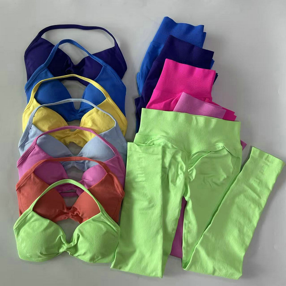 2 Pieces Legging Sets Seamless Yoga Set For Women Scrunch Butt Legging Set With Sexy Strappy Backless Sports Bra Gym Suit