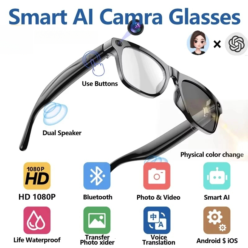 4K HD Color Changing AI Chat GPT 100MP Camera Bluetooth Call Voice Assistant Control Smart Glasses Intelligent Glasses