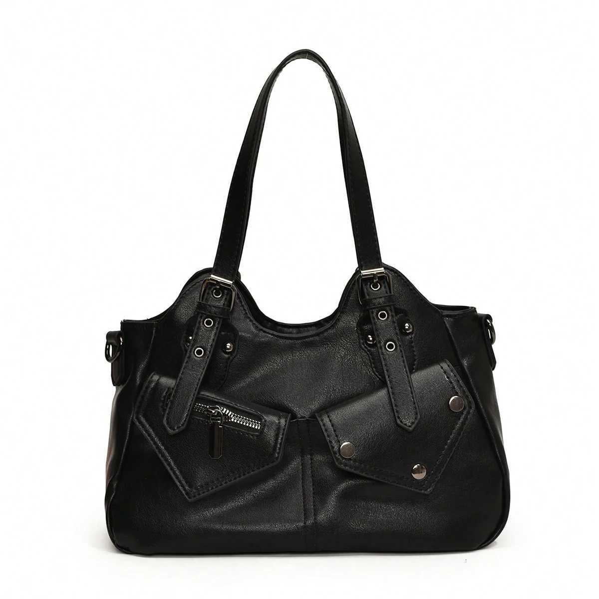 Retro simple solid color fashion trend large capacity tote bag niche design personality zipper decoration shoulder bagXJ250918