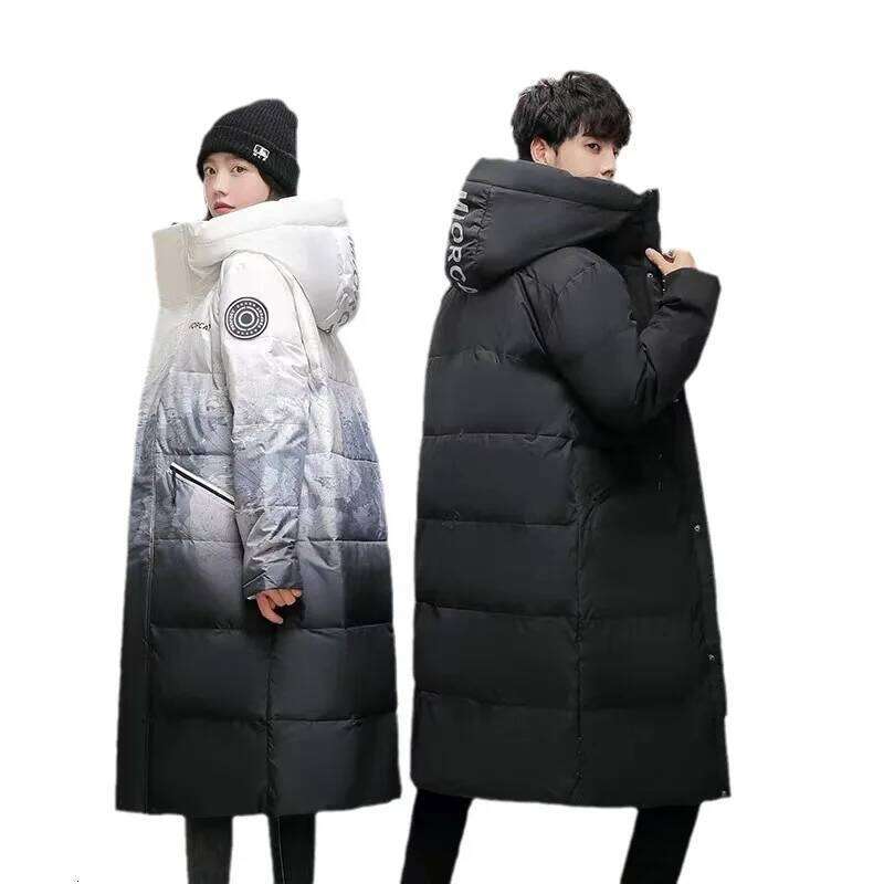 Fashionable Gradient Jacket Man and Woman Thickened Hooded White Duck Down Coat for Couples Winter Knee Length JK-969