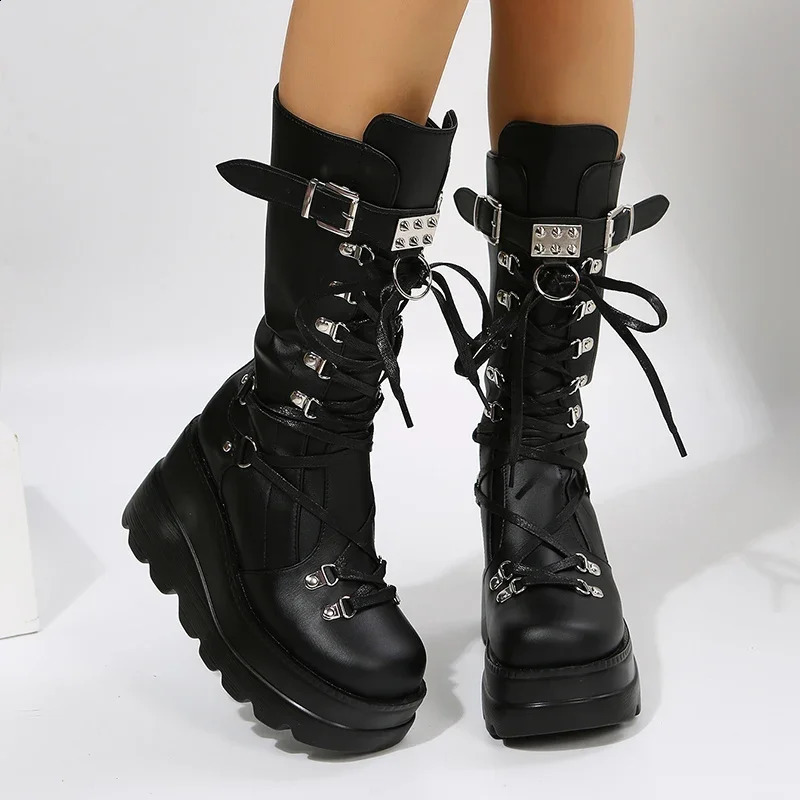 Womens Goth Platform Motorcycle Boots Punk Rivet Buckle Strap Combat Booties for Women Thick Bottom Wedge Heels Mid Calf 250919