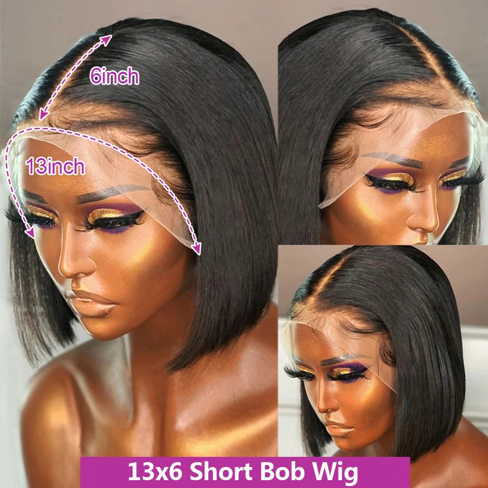 13x6 HD Transparent Lace Frontal Wigs Bob Wig Glueless Wig Human Hair Straight Full Frontal Wig 250% Density Pre Cut Short Bob Wig for Women