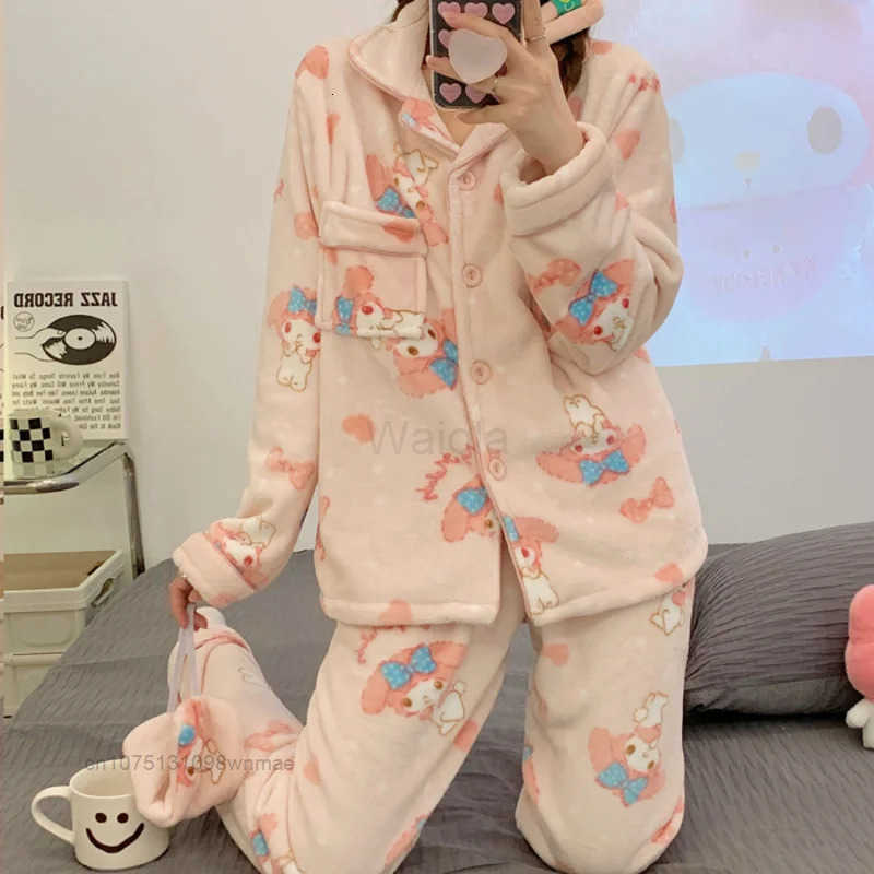 Sanrio Cinnamoroll Melody Kuromi Cotton 2 Pcs Pjs Women Autumn Winter New Pajamas Warm And Cute Cartoon Flannel Home Furry Set L250919