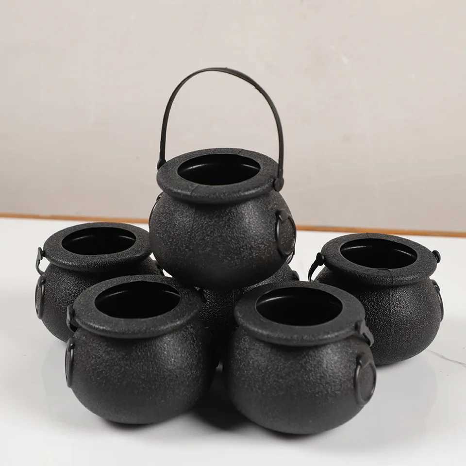 6pcs Halloween Cauldron Bucket Candy Pumpkin Mini Witch Black Pot Decor Buckets Bowl Witches Kettle Container C250919