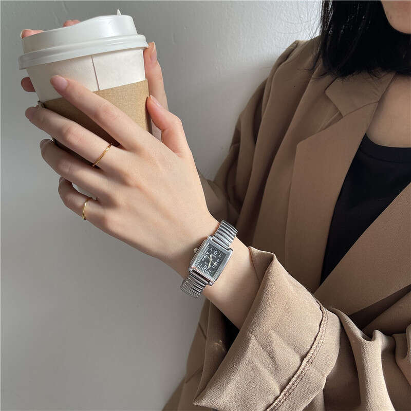 Silver Designer Bracelet for with Elastic Steel Spring Band Luminous Numbers Square Shape Student Metal Chain Watch