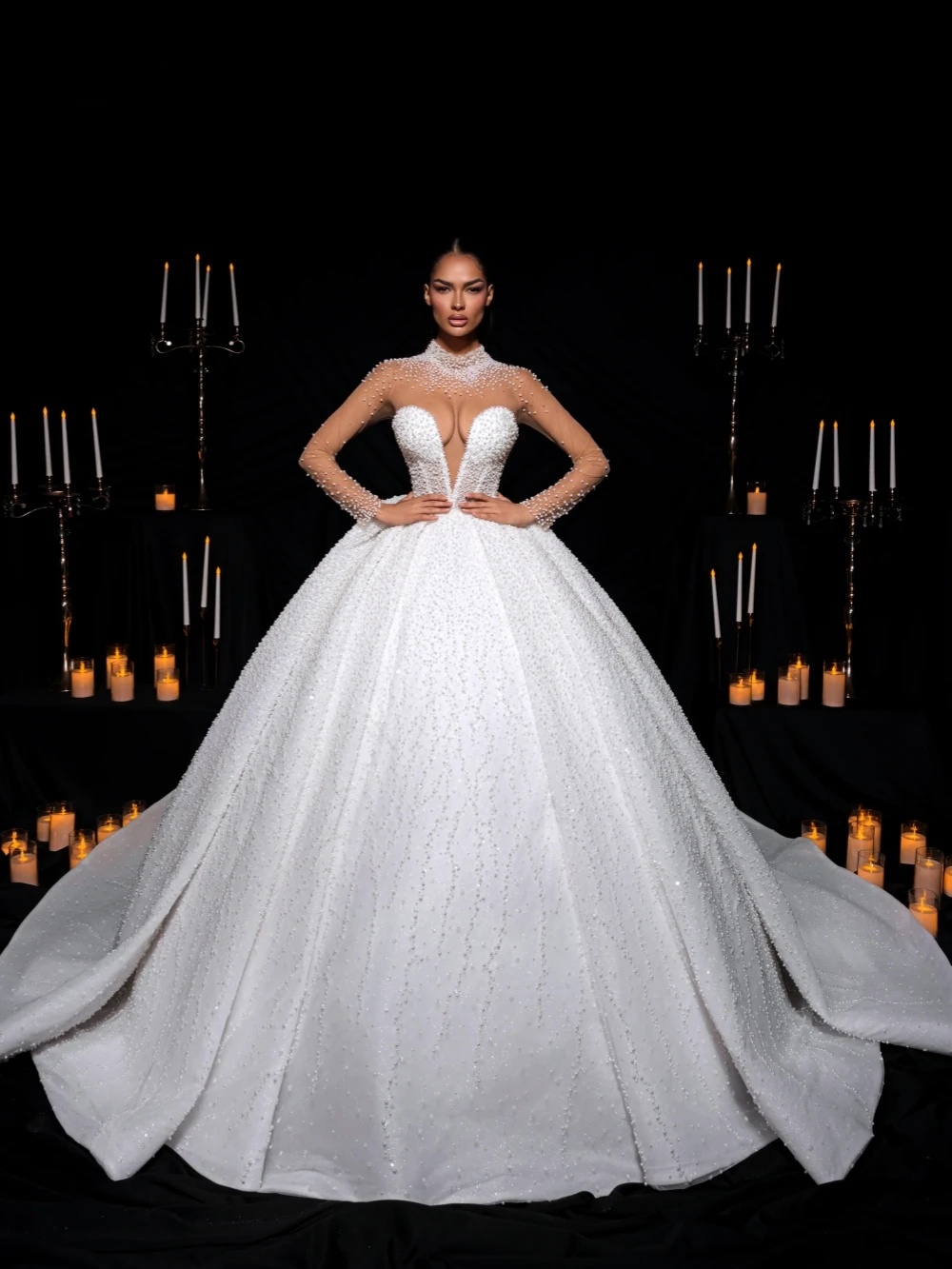 Graceful Wedding Dresses Pearls High Neck Bridal Ball Gowns Sheer Long Sleeves Beading Long Sleeves Customized Vestidos De Novia Plus Size