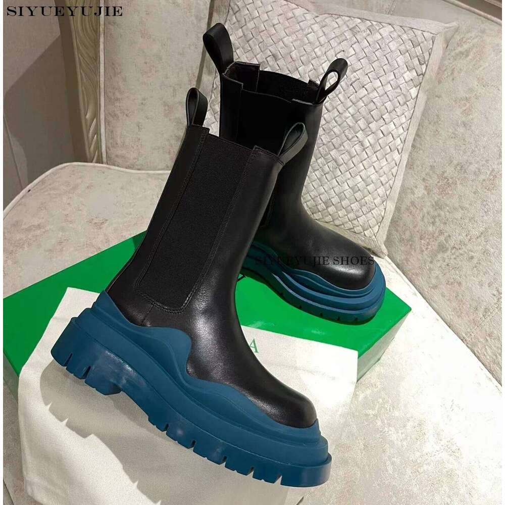 for Women 2024 Leather flat Ankle Booties Woman Punk Thick Bottom Slip on Combat Boots Black Chunky Platform Botas