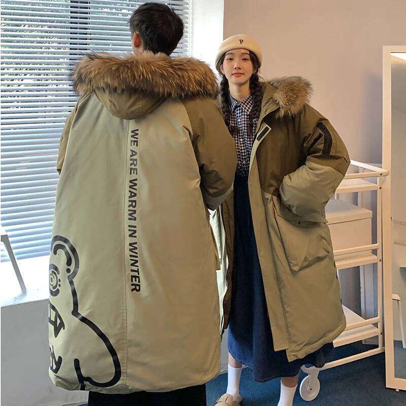 Winter Hooded Letter printing Big Raccoon Fur Collar Down Jackets Men / Women Overcoat Splicing design Thick Outdoor Snow Coat