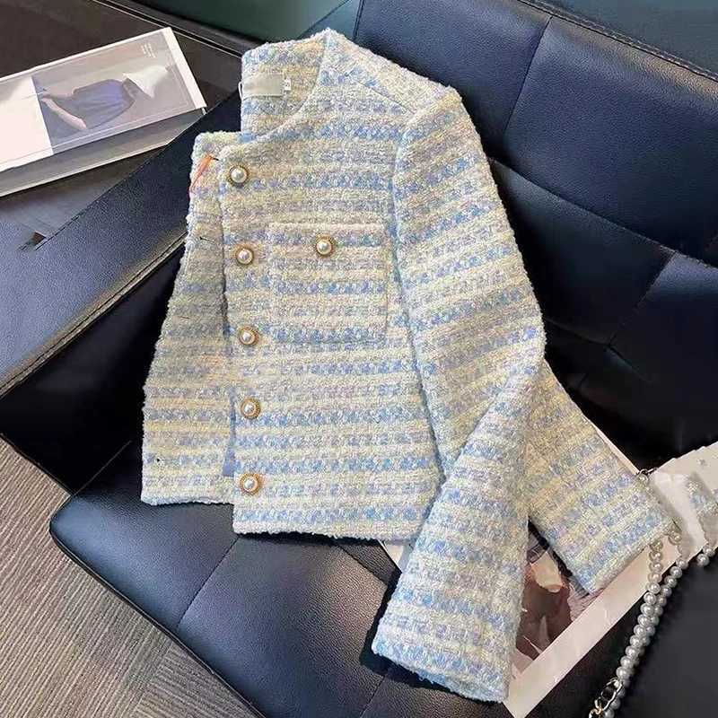 Fashion Weaving Tweed Jacket Women Korean Elegant Pearl Buttons O Neck Crop Coats Y2K Autumn Office Lady All Match Outwear New Z250918