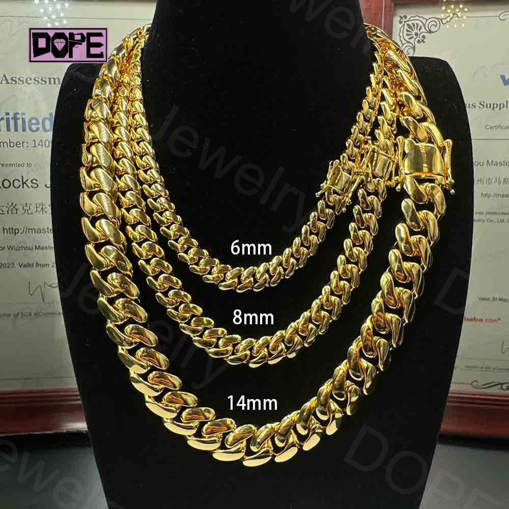 14K Gold Plating Cuban Chain 14mm Hiphop Copper Alloy Plain Brass Miami Cuban Link Chain
