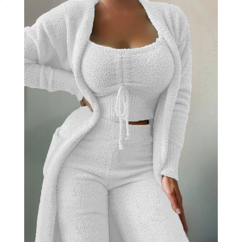 Pajama Woman Winter Fluffy Pajamas Set for Women Casual Solid Sleepwear 3 Pieces Suit Long Pants Homewear Pijama 250919