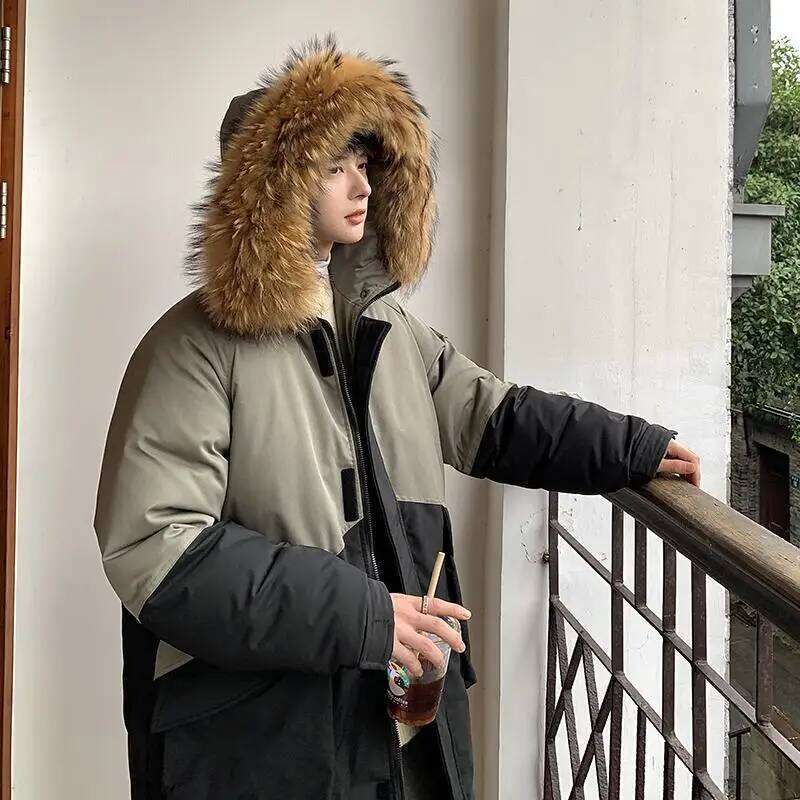 Thickened tide letter-printed combination hat couples in long loose down jacket men and women