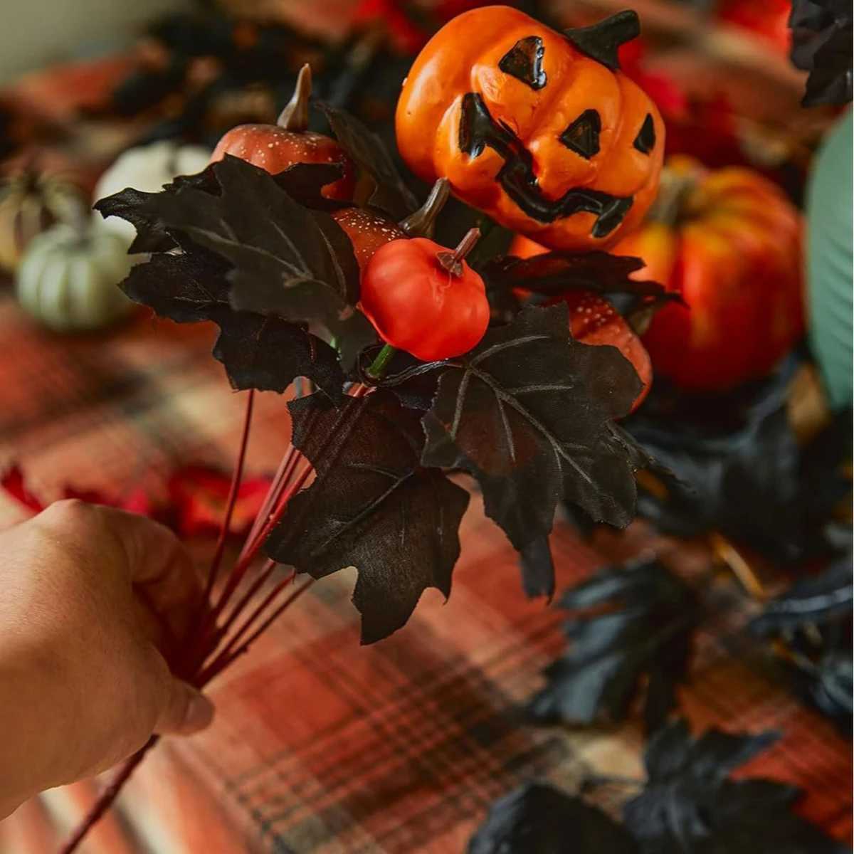 Witchy Halloween Floral Bouquet Pumpkin Maple Leaf Fake Flowers Arrangement for Gothic Home Desk Decor C250919