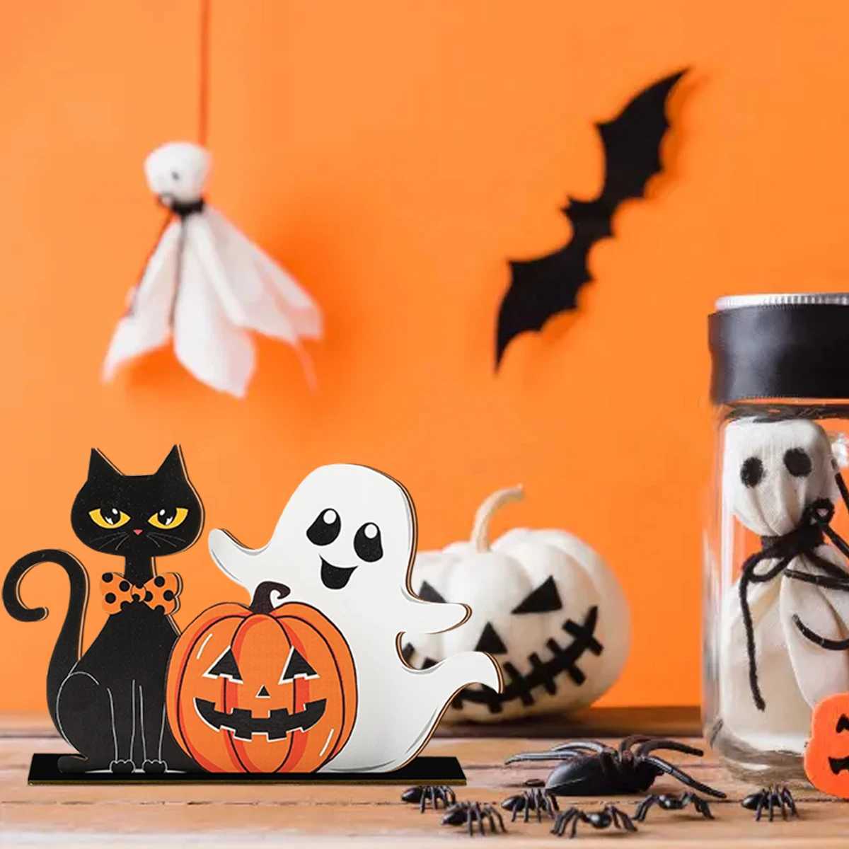 Halloween Decorations Wooden Cat Pumpkin Ghost Figurines Home Party Ornaments C250919