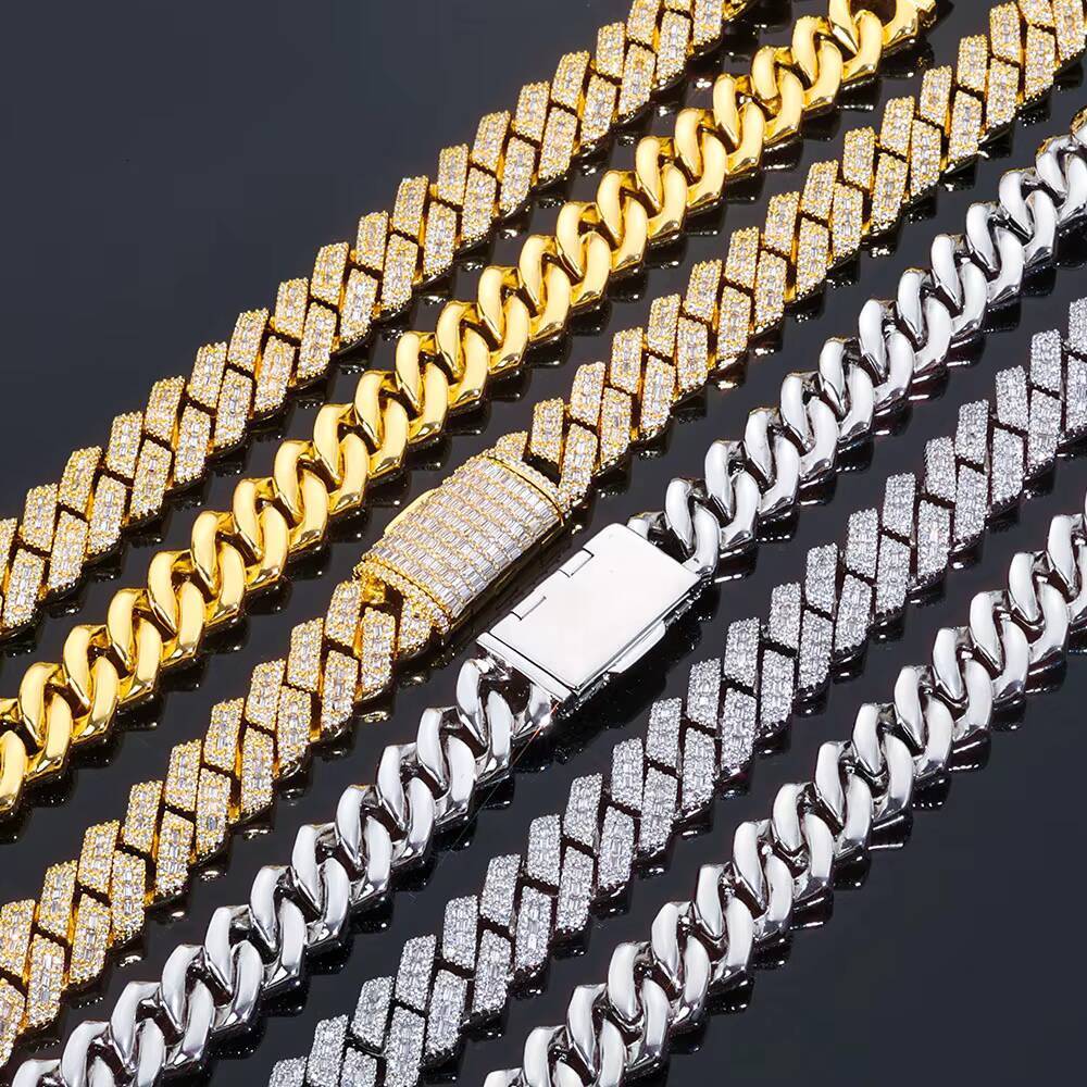 NUOYA 14MM Heavy Cuban Link Chain Necklace Iced Out Mixed Inlay Baguette Round Moissanite Prong Set Silver Plated Hip Hop Jewelry