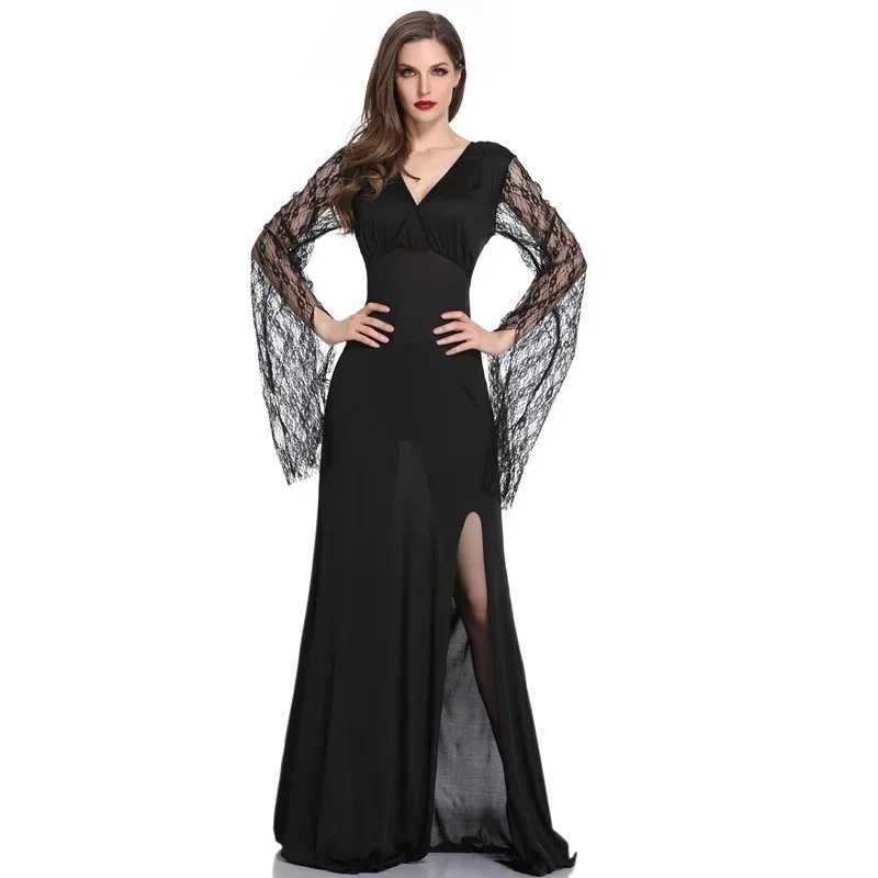 Women Sexy Slim Lace Sleeve Medieval Black Long Dress Adult Vampire Evil Cosplay Outfit Halloween Fantasia Party Fancy Dress L250918