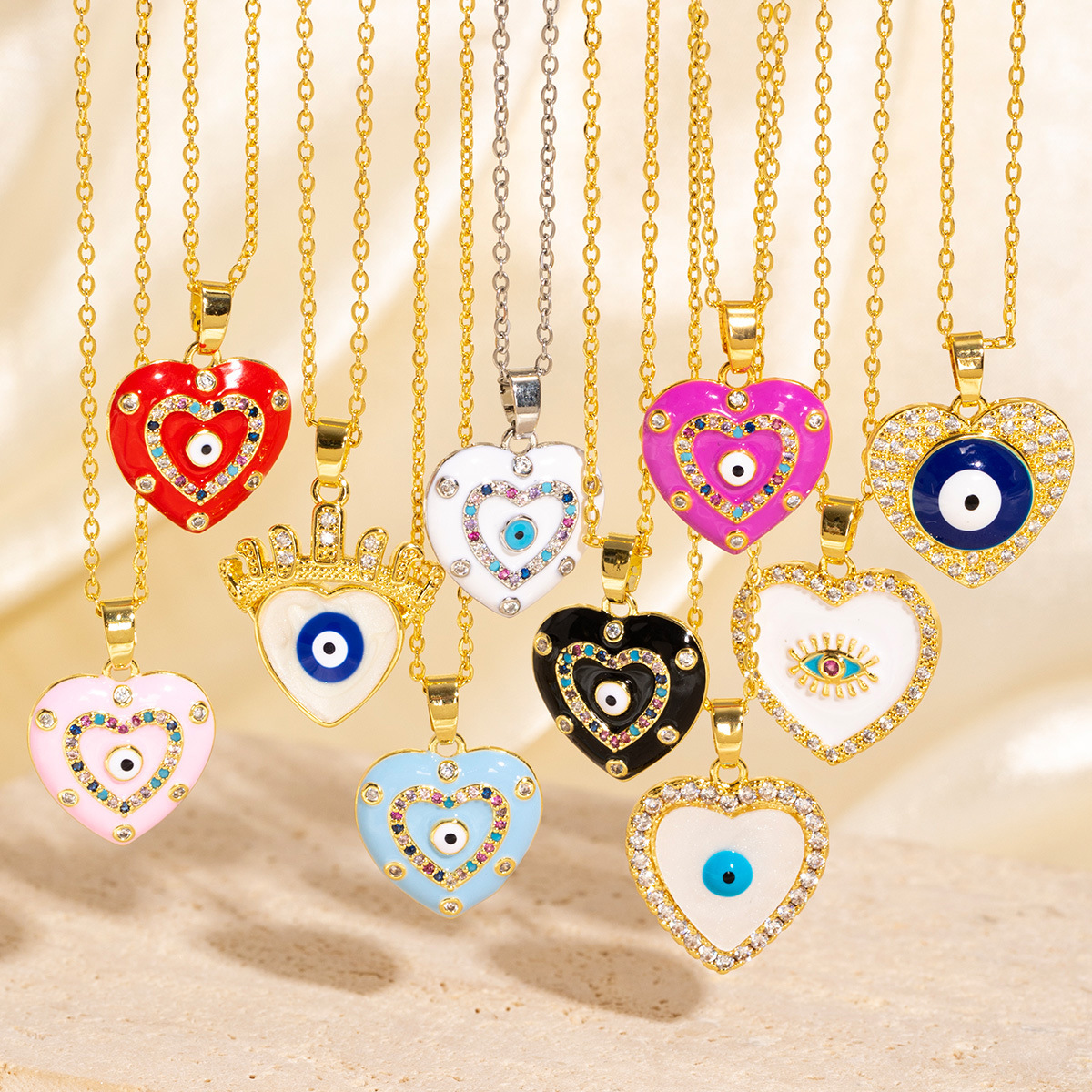 Gold - Toned Heart - Shaped Evil Eye Pendant Necklace With Rhinestone Trim And White Enamel Delicate Daily & Lovely Jewelry Gift For Her Fashionable A