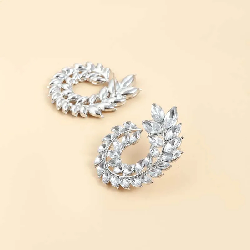 Full Rhinestone Leaf Stud Earrings For Women Exaggerated Big Circle Round Statement Earrings Wedding Jewelry Gift 250918