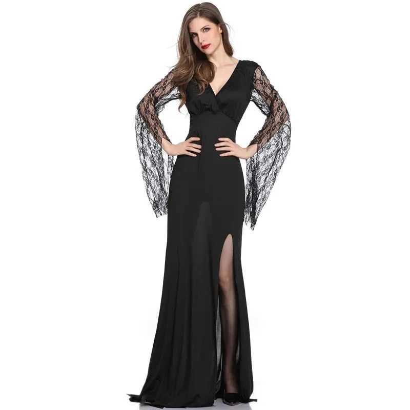Women Sexy Slim Lace Sleeve Medieval Black Long Dress Adult Vampire Evil Cosplay Outfit Halloween Fantasia Party Fancy Dress L250918