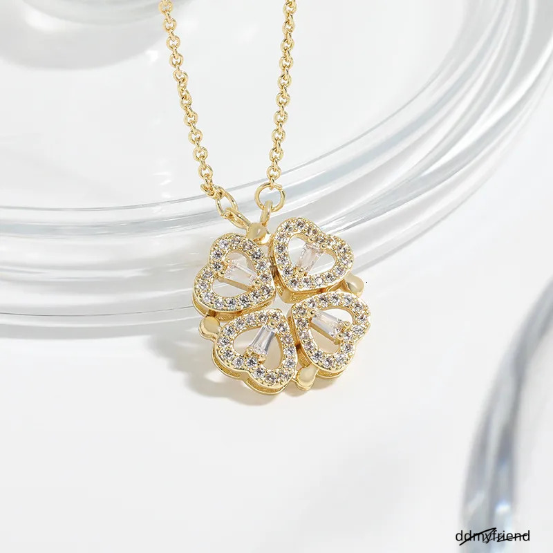 Clover Real Gold Plated Opeanable Four Heart Pendent Austrian Crystal Necklace For Women Creative Design 2 Wearing Ways Wedding Jewelry ddmyfriend