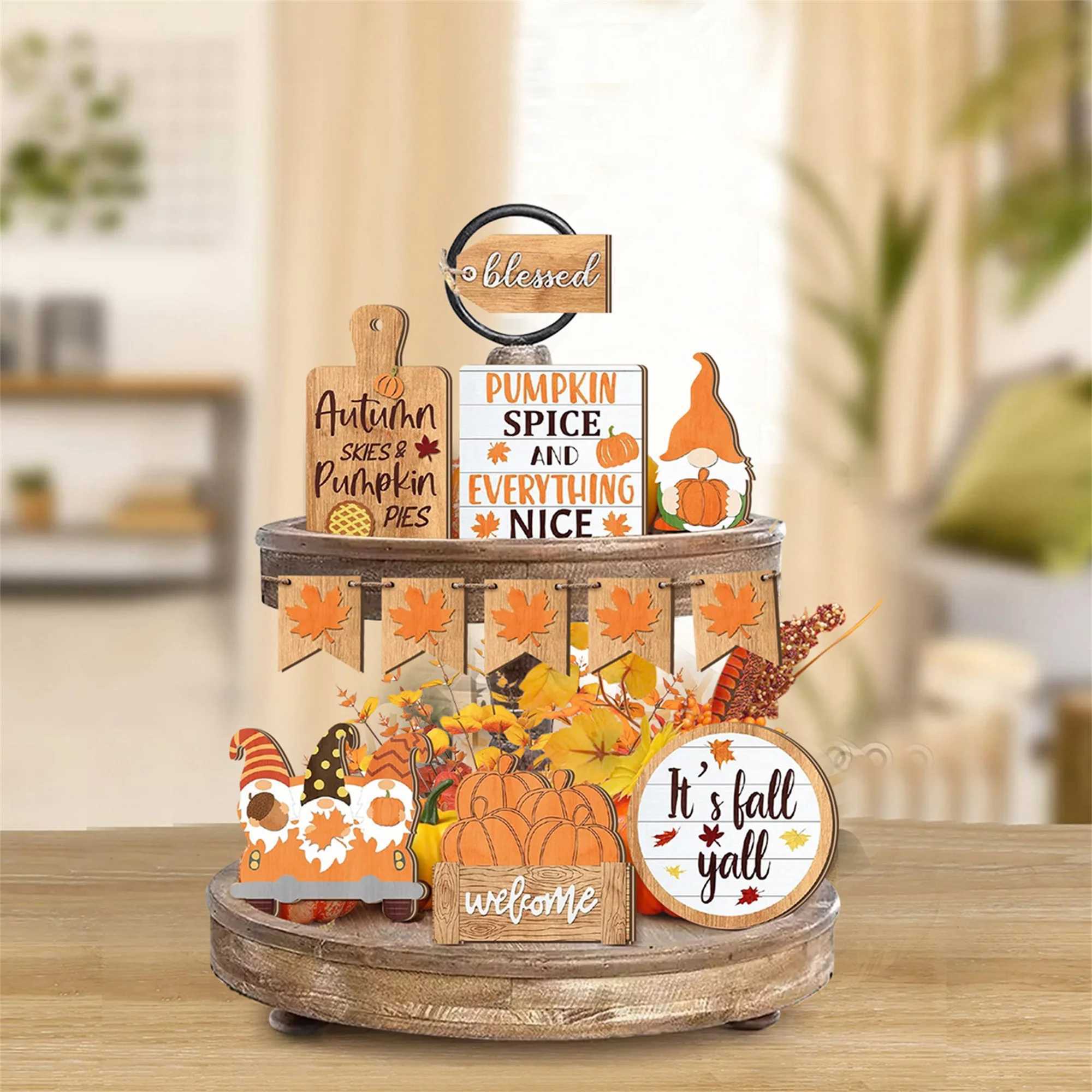 Fall Harvest Wooden Pumpkin Maple Leaf Table Centerpiece Decor Set of 10 Colorful Thanksgiving Tiered Tray Decorations for Home C250919