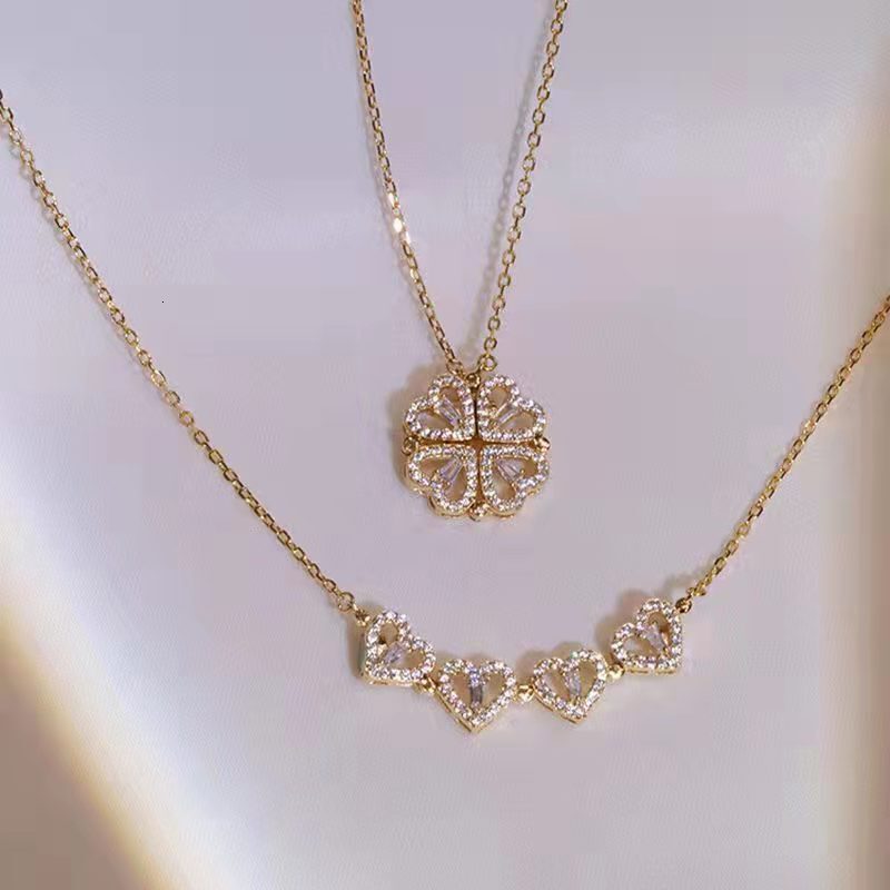 Four-leaf Clover Necklace for Women, Double-Wear Jewelry, Niche Versatile Ins Style, Heart-Shaped, Full Dia, Exquisite