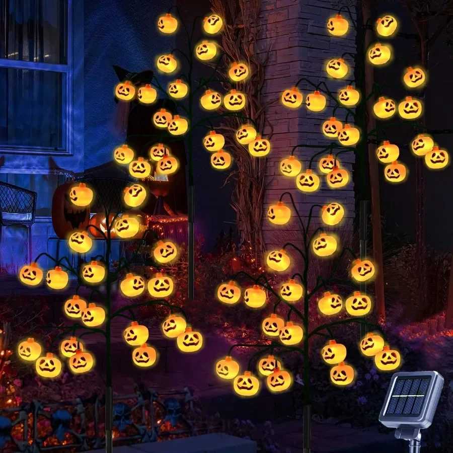 4 Pack 80 LED Halloween Solar Pumpkin Stake Lights for Outdoor Halloween Decorations Orange JackOLantern Pumpkins Solar Pathw C250919