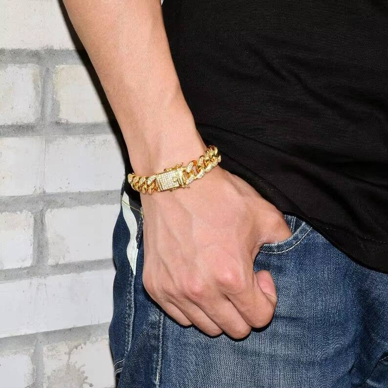 Iced Out 12mm VVS Moissanite Bracelet Hiphop 925 Silver Bezel Set Men Buss Down Moissanite Cuban Bracelet