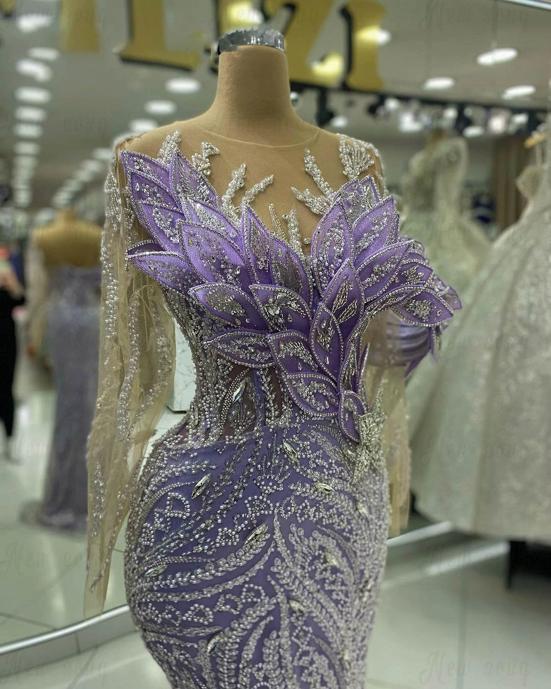 Sparkly Evening Dresses Mermaid 3D Appliques Beads Crystals Tulle Lace Long Sleeves Prom Cocktail Party Dress Vestido De Noite Customized