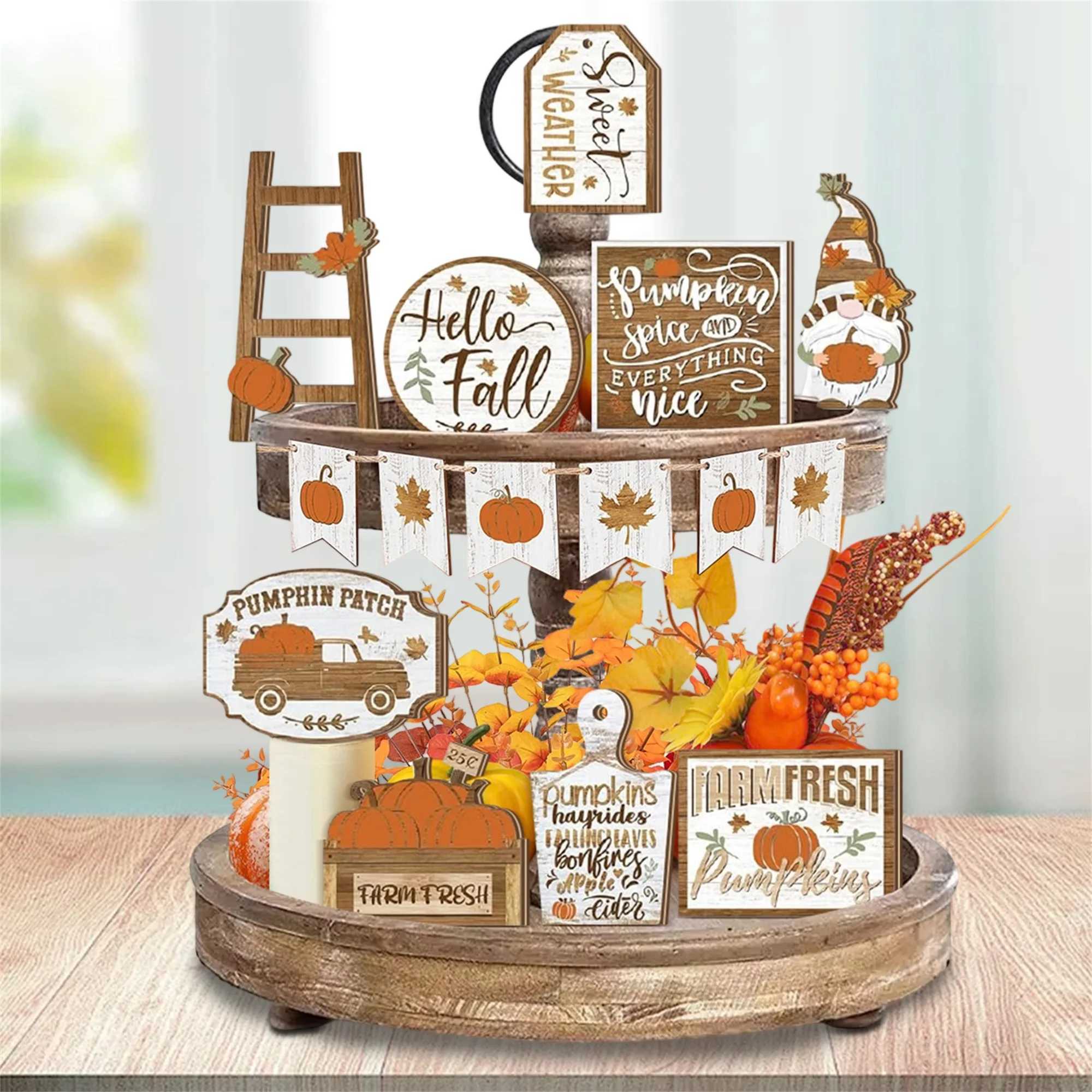 Fall Harvest Wooden Pumpkin and Maple Leaf Table Centerpiece Set of 12 Thanksgiving Tiered Tray Decorations for Home and Party C250919