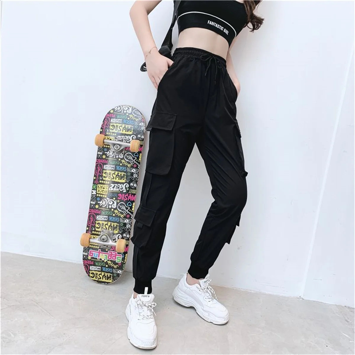 Black Cargo Pant Casual Joggers High Waist Loose Female Hip Hop Trousers Korean Punk Funny Streetwear Femme 250917